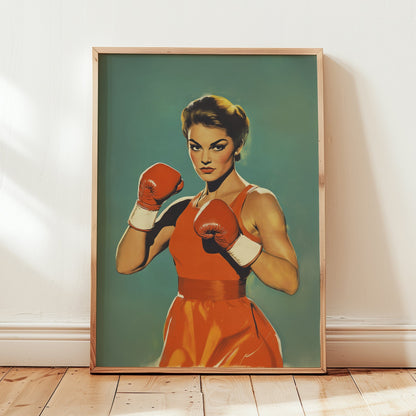Vintage-style pulp art illustration of a determined female boxer wearing red gloves and an orange dress, styled in a 1950s retro aesthetic against a teal background; ideal for home gym decor and empowering wall art.