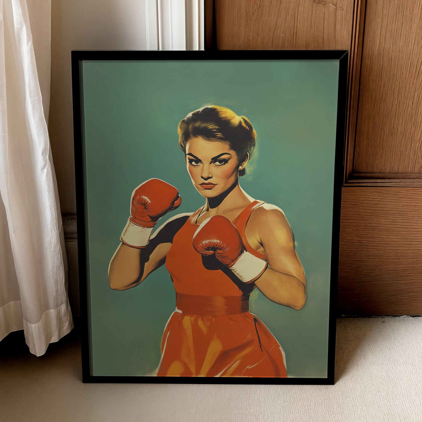 Vintage-style pulp art illustration of a determined female boxer wearing red gloves and an orange dress, styled in a 1950s retro aesthetic against a teal background; ideal for home gym decor and empowering wall art.
