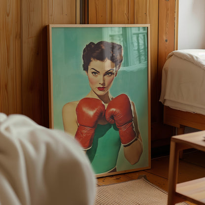 Close-up vintage illustration of a female boxer with red gloves and an emerald green top in a 1950s pin-up pulp style; retro sports wall art for home gyms and office decor.