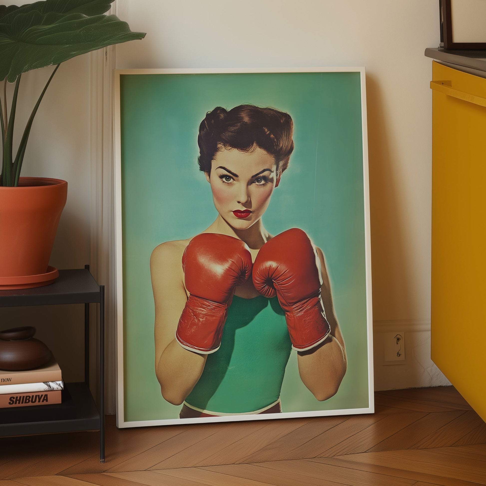Close-up vintage illustration of a female boxer with red gloves and an emerald green top in a 1950s pin-up pulp style; retro sports wall art for home gyms and office decor.