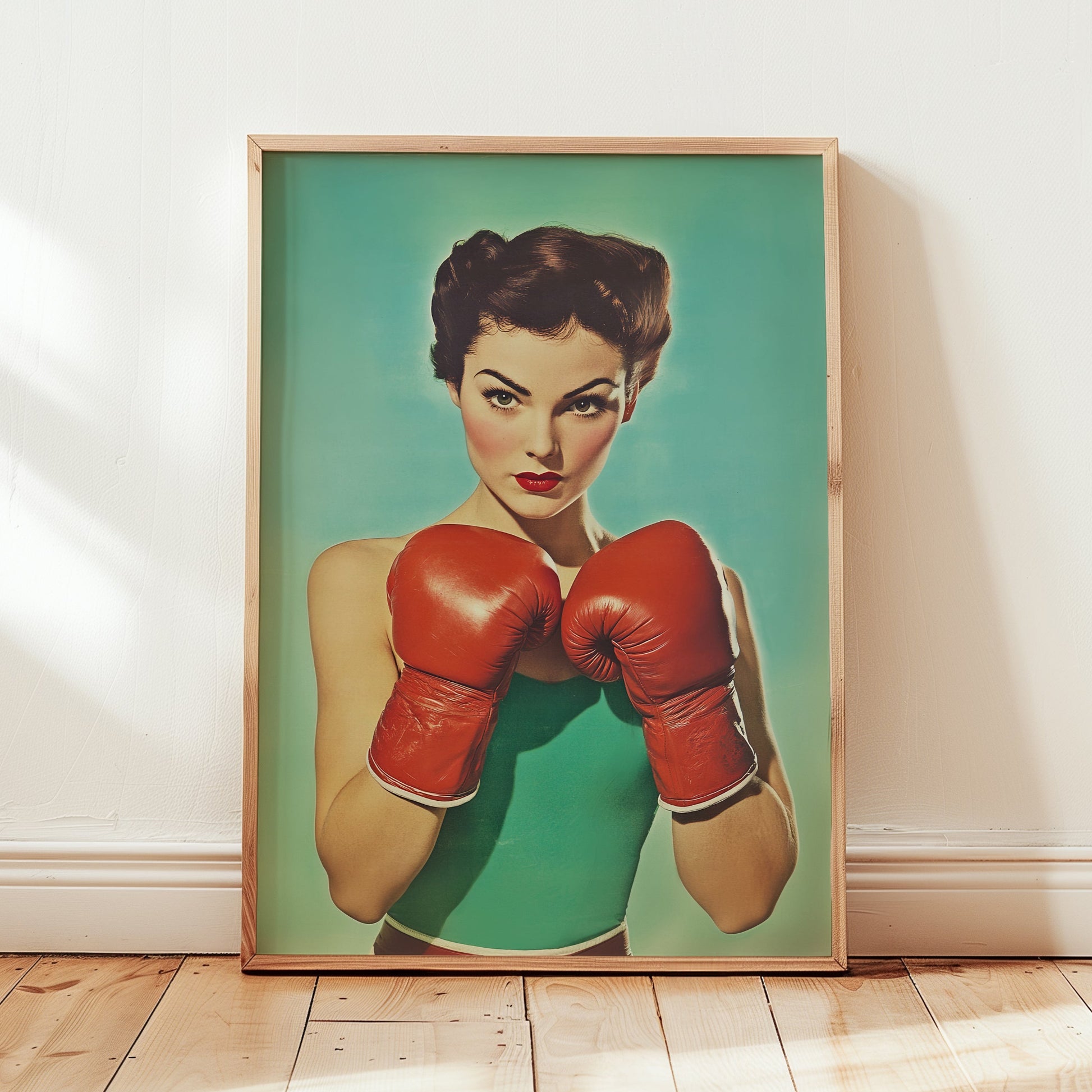 Close-up vintage illustration of a female boxer with red gloves and an emerald green top in a 1950s pin-up pulp style; retro sports wall art for home gyms and office decor.