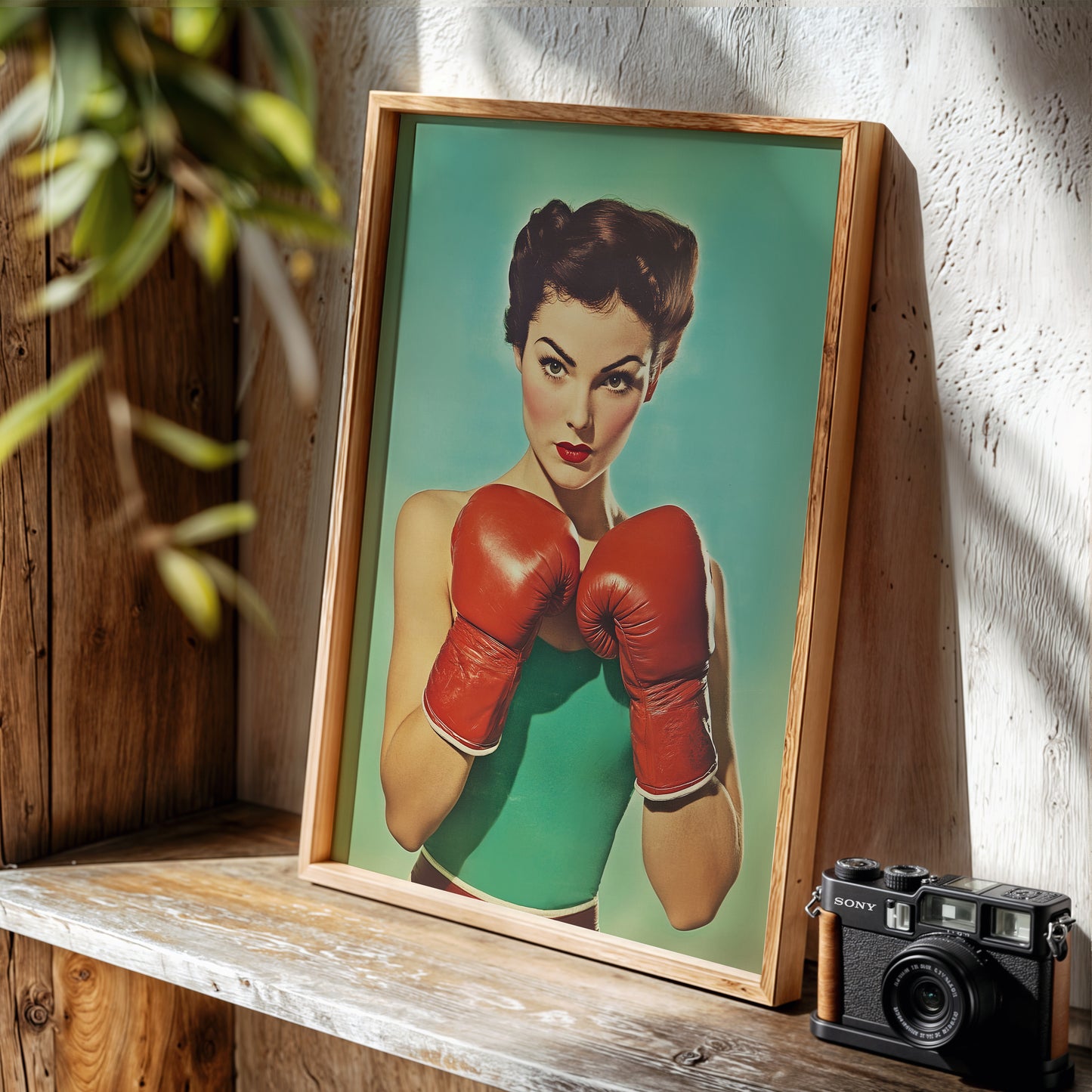 Close-up vintage illustration of a female boxer with red gloves and an emerald green top in a 1950s pin-up pulp style; retro sports wall art for home gyms and office decor.