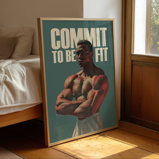 Vintage-style bodybuilding motivational poster featuring a muscular Black man with crossed arms under the text "COMMIT TO BE FIT" in a 1970s Golden Era fitness illustration style.