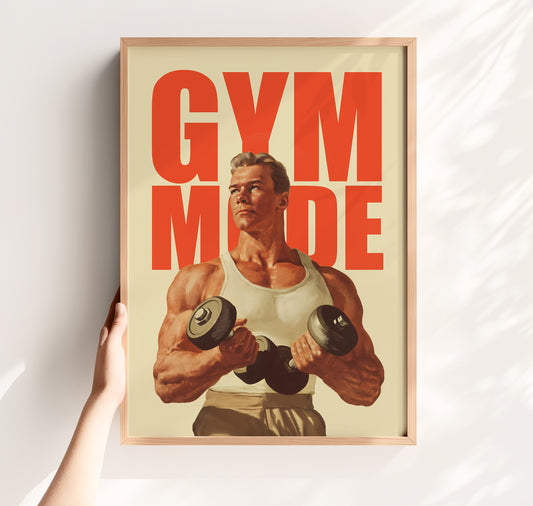 Vintage-style bodybuilding poster featuring a muscular man in a white tank top holding dumbbells with the text "GYM MODE" in large orange letters, styled after 1970s Golden Era fitness illustrations.