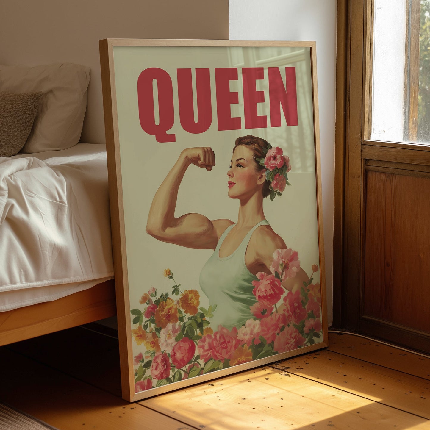 Vintage-style empowerment poster titled "QUEEN" featuring a muscular woman flexing her bicep amongst pink and yellow roses in a 1950s retro illustration style.