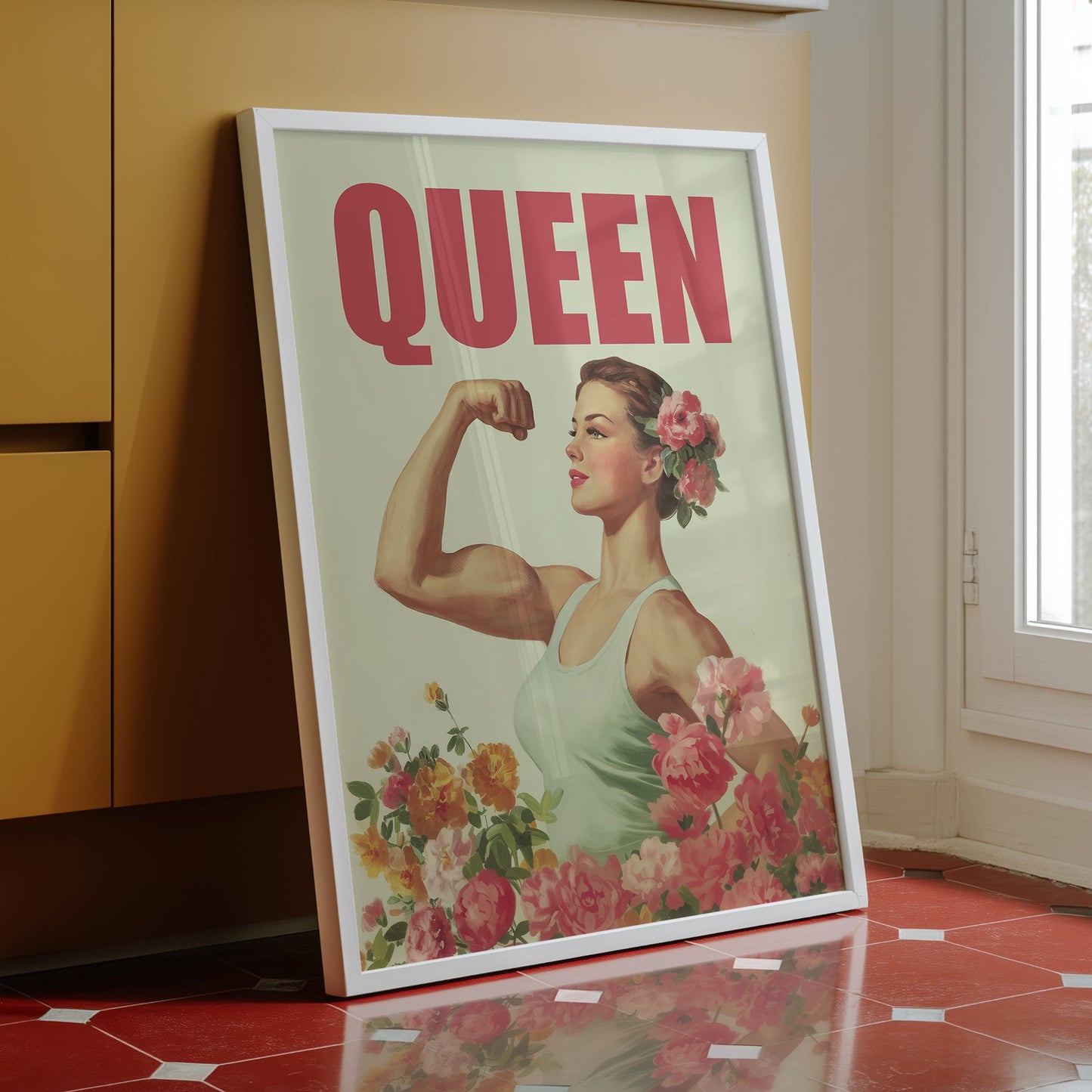 Vintage-style empowerment poster titled "QUEEN" featuring a muscular woman flexing her bicep amongst pink and yellow roses in a 1950s retro illustration style.