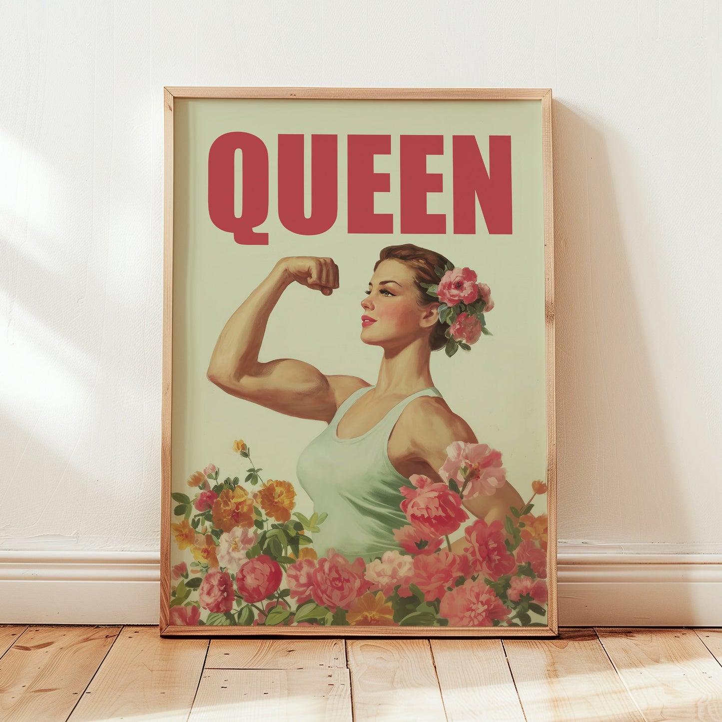 Vintage-style empowerment poster titled "QUEEN" featuring a muscular woman flexing her bicep amongst pink and yellow roses in a 1950s retro illustration style.