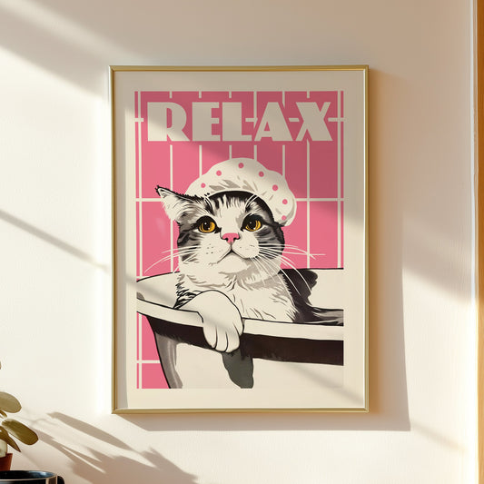 Vintage-style illustration of a tabby cat wearing a pink polka-dot shower cap in a bathtub with a pink tiled background and the word "RELAX" in white retro font; funny cat wall art for bathroom decor.