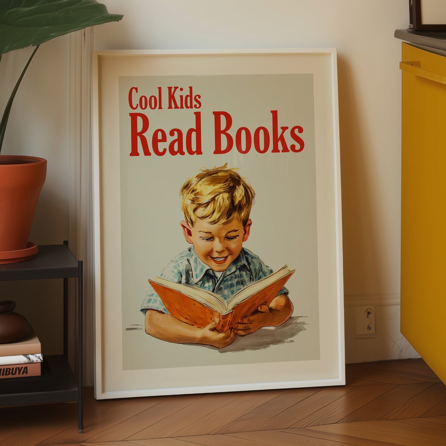 Vintage-style educational poster titled "Cool Kids Read Books" featuring a young blond boy reading an orange book in a 1950s mid-century illustration style; retro library and nursery wall art.