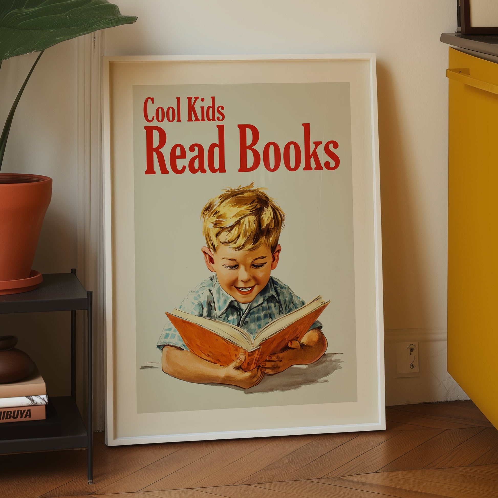 Vintage-style educational poster titled "Cool Kids Read Books" featuring a young blond boy reading an orange book in a 1950s mid-century illustration style; retro library and nursery wall art.