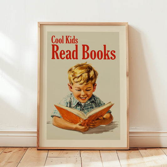 Vintage-style educational poster titled "Cool Kids Read Books" featuring a young blond boy reading an orange book in a 1950s mid-century illustration style; retro library and nursery wall art.