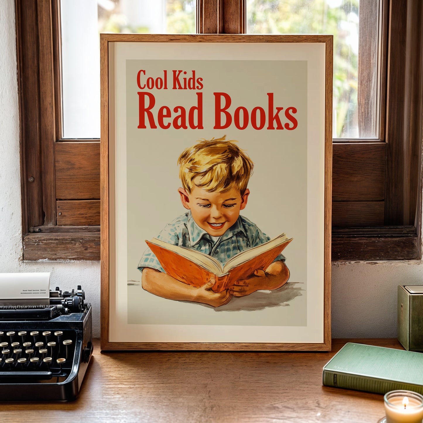 Vintage-style educational poster titled "Cool Kids Read Books" featuring a young blond boy reading an orange book in a 1950s mid-century illustration style; retro library and nursery wall art.
