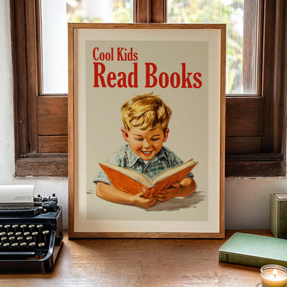 Vintage-style educational poster titled "Cool Kids Read Books" featuring a young blond boy reading an orange book in a 1950s mid-century illustration style; retro library and nursery wall art.