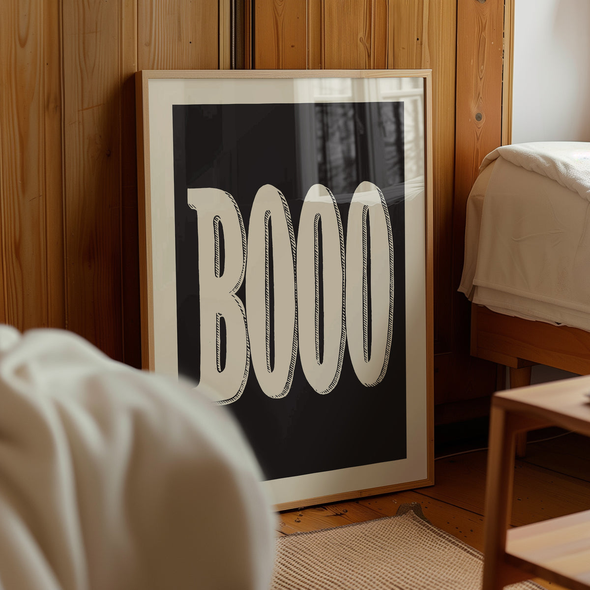 BOOO Halloween Poster – Minimalist Black and White Quote Art