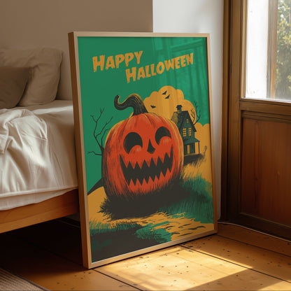 Halloween Pumpkin Poster – Retro Haunted House Wall Art
