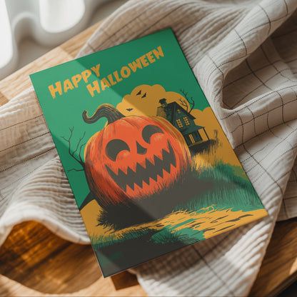 Halloween Pumpkin Poster – Retro Haunted House Wall Art