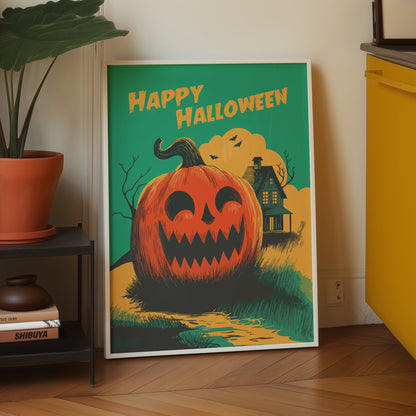 Halloween Pumpkin Poster – Retro Haunted House Wall Art