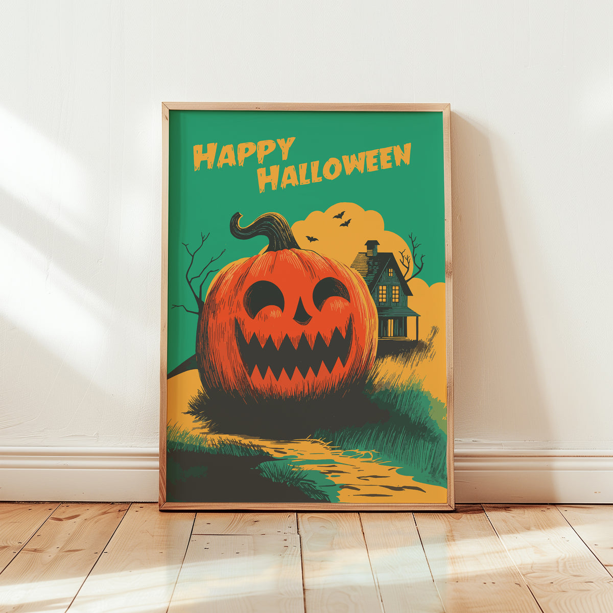 Halloween Pumpkin Poster – Retro Haunted House Wall Art