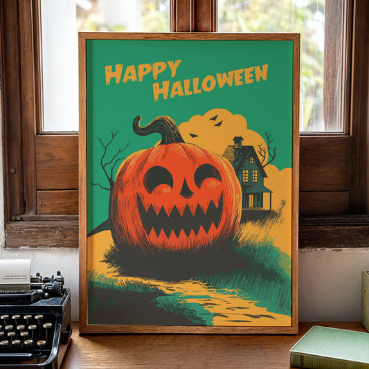 Bright retro Halloween pumpkin poster with “Happy Halloween” text, a grinning jack-o’-lantern, haunted house and flying bats.