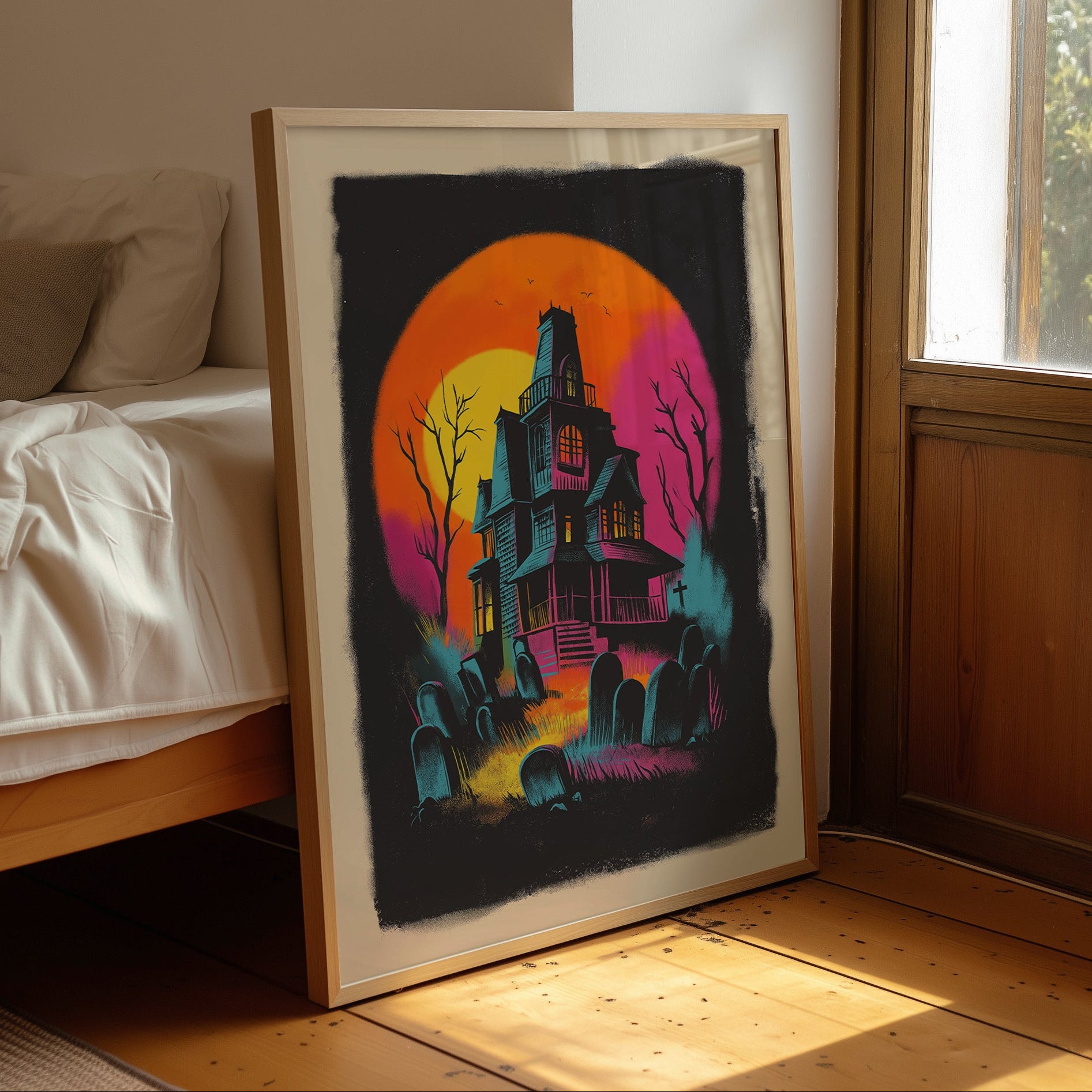 A framed art print featuring a spooky haunted house illustration in vibrant neon colors, leaning against a bed in a warm, sunlit bedroom.