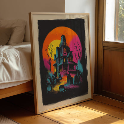 A framed art print featuring a spooky haunted house illustration in vibrant neon colors, leaning against a bed in a warm, sunlit bedroom.