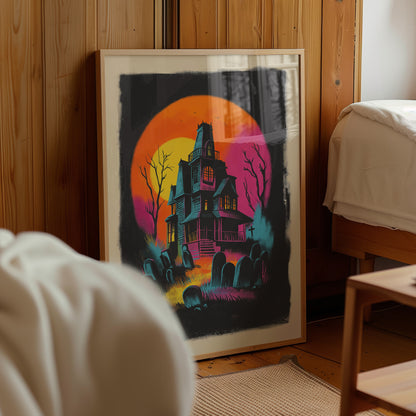 Gothic haunted house Halloween poster showing a dark Victorian mansion in a graveyard beneath a large orange and pink moon with teal and magenta details.