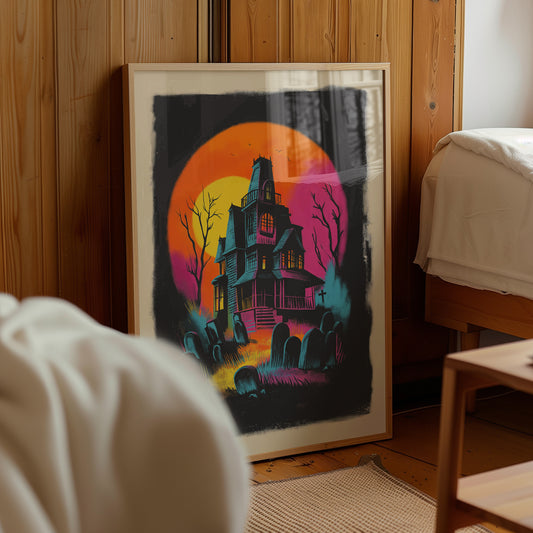 Gothic haunted house Halloween poster showing a dark Victorian mansion in a graveyard beneath a large orange and pink moon with teal and magenta details.