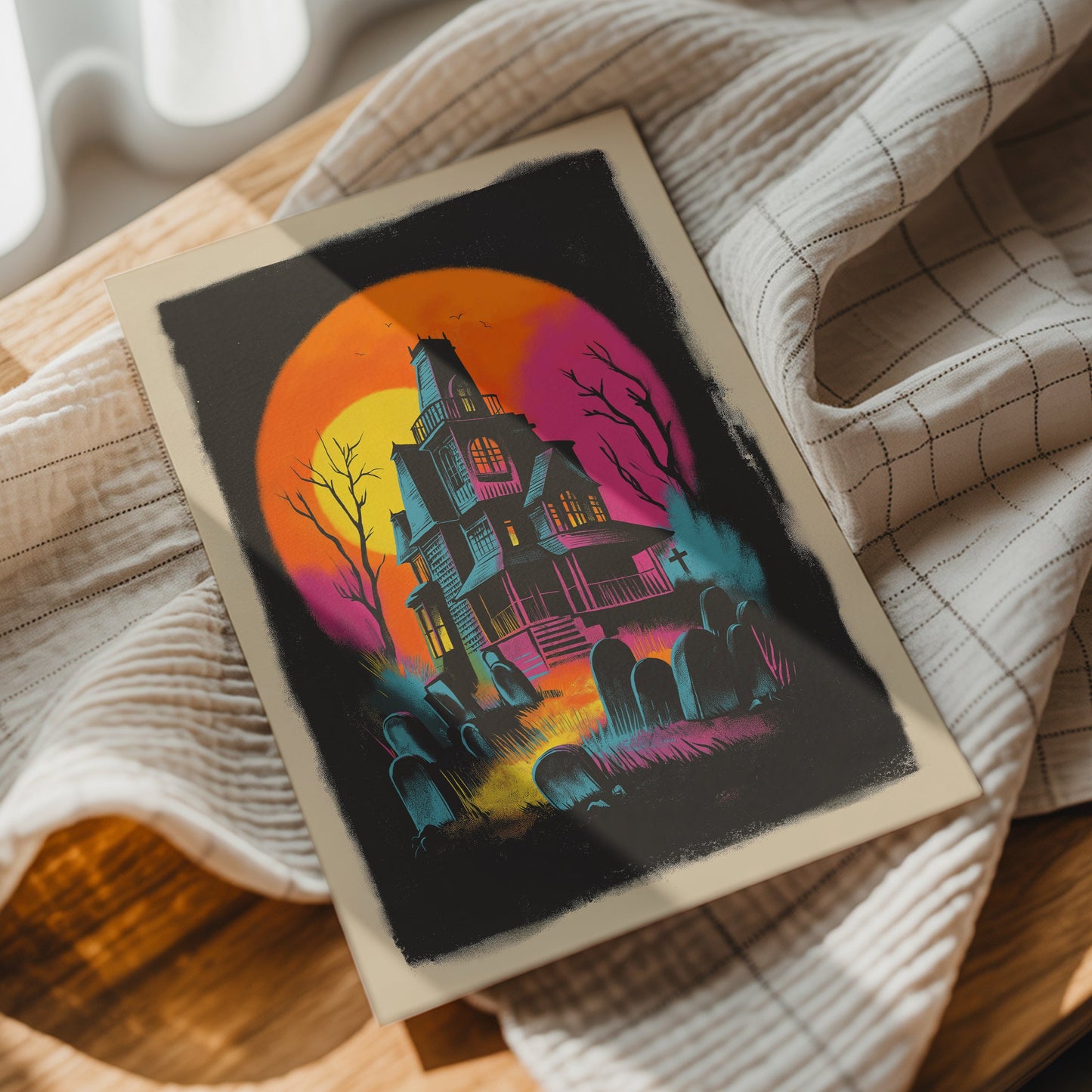 A square art print featuring a spooky haunted house illustration, styled on a beige plaid cloth over a wooden surface.