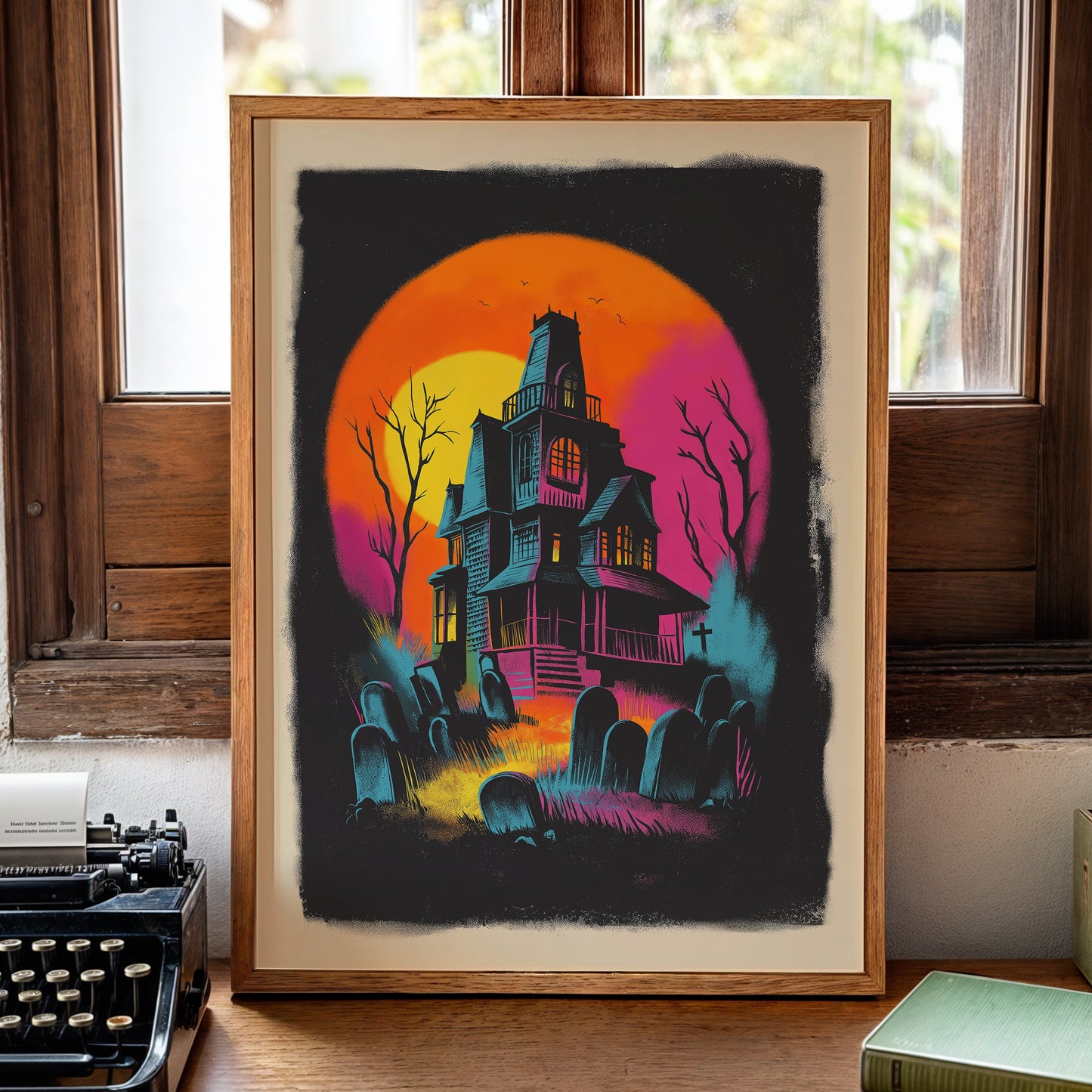 A framed art print featuring a spooky haunted house illustration in vibrant neon colors, displayed on a wooden desk next to a vintage typewriter and books.