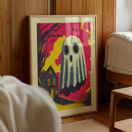 Bright retro Halloween ghost poster showing a wide-eyed sheet ghost beside a haunted house, bare tree and flying bat in pink and yellow.