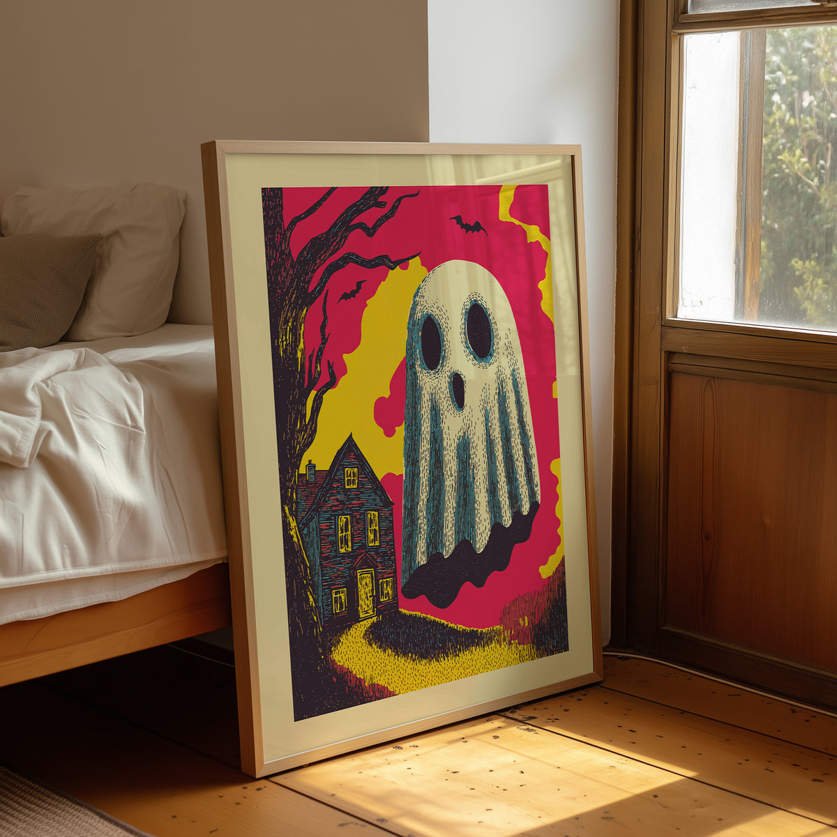 Halloween Ghost Poster – Bright Retro Haunted House Wall Art