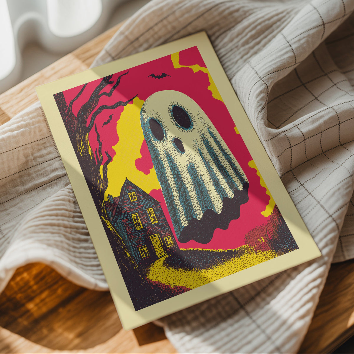 A rectangular art print with a cream border lies on a beige plaid cloth over a wooden surface. The print shows a stylized Halloween scene with a large ghost, a haunted house, bats, and a bright pink and yellow sky.