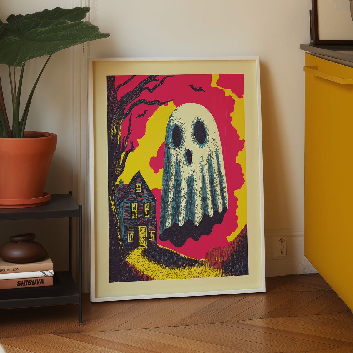 Halloween Ghost Poster – Bright Retro Haunted House Wall Art