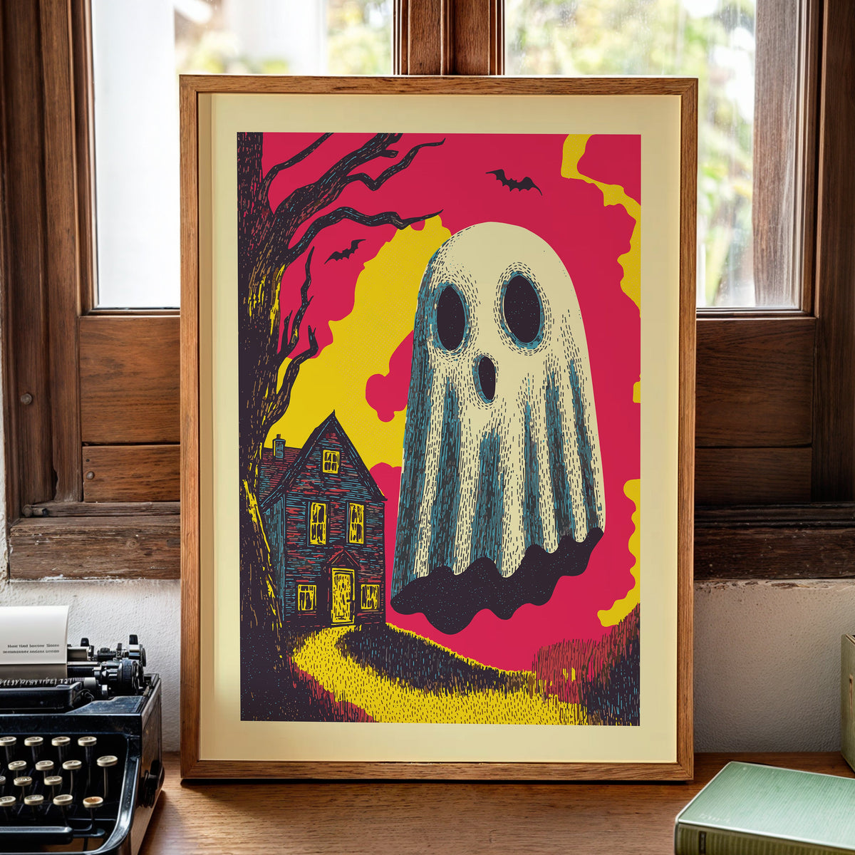 Halloween Ghost Poster – Bright Retro Haunted House Wall Art