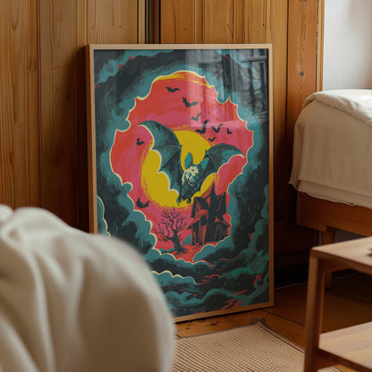 A framed art print featuring a gothic illustration of a bat, a haunted house, and a full moon in vibrant red, yellow, and teal tones, leaning against a wooden wall in a bedroom setting.