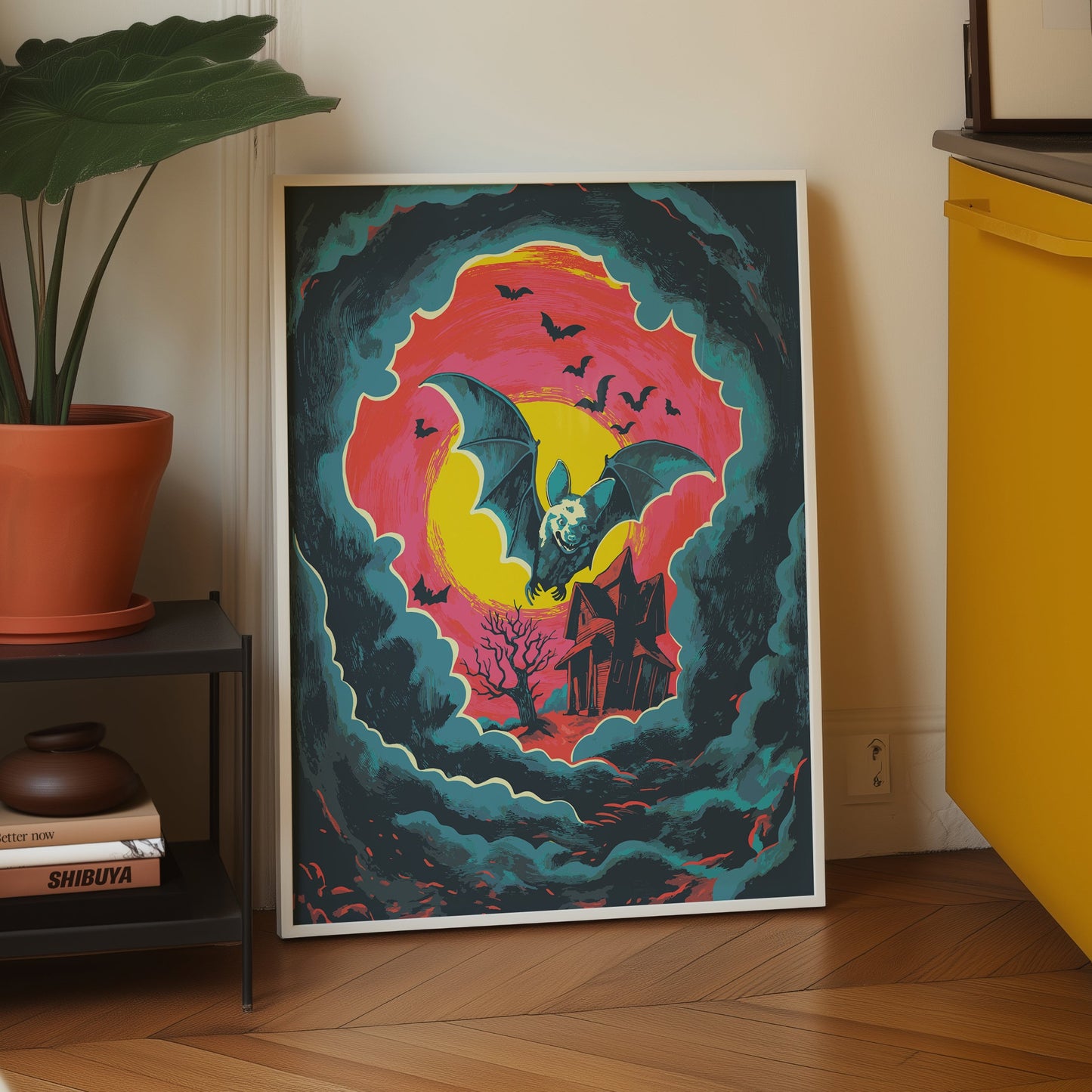Halloween Bat Poster – Retro Haunted House and Moon Wall Art