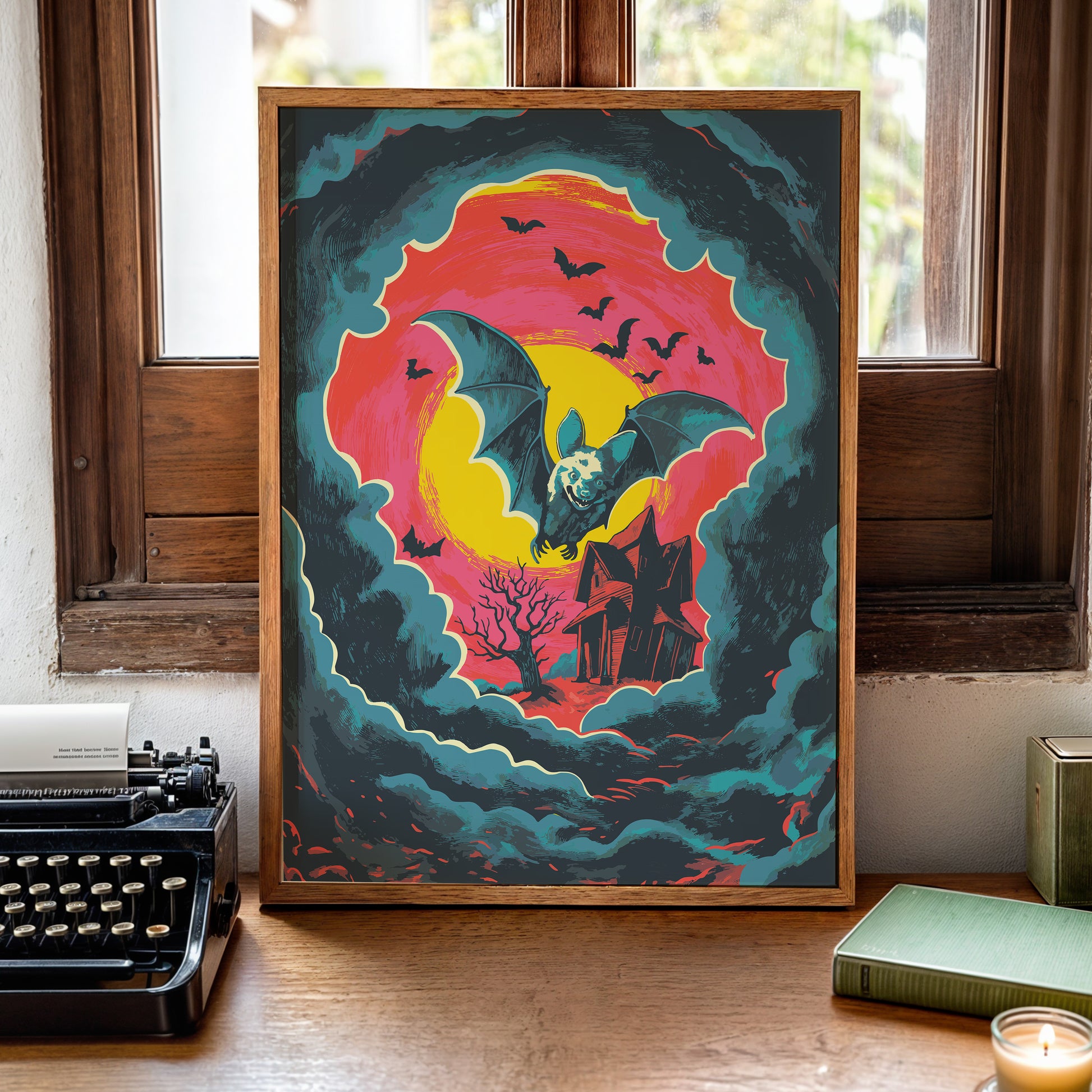 A framed art print featuring a spooky gothic illustration of a bat flying over a haunted house at sunset, displayed on a wooden desk in a vintage room next to a typewriter and books.