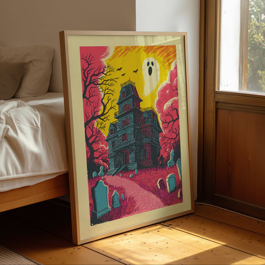 Bright retro haunted house poster with a ghost above a Victorian mansion, graveyard, flying bats and bare trees in pink, yellow and teal.
