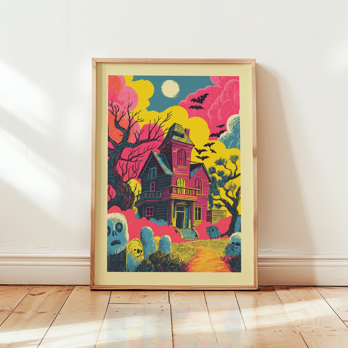 A framed art print featuring a vibrant, colorful illustration of a haunted house surrounded by tombstones, bats, and trees under a full moon, leaning against a white wall on a light wood floor.