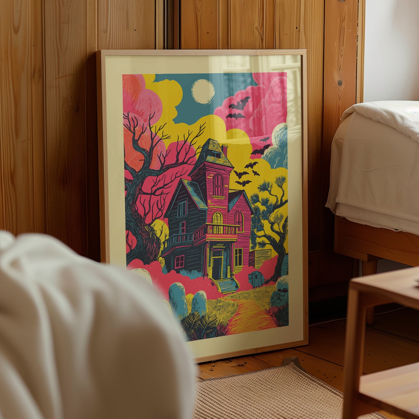 Bright retro Halloween graveyard poster with a pink haunted house, zombie heads, gravestones, flying bats and a full moon in yellow, teal and green.