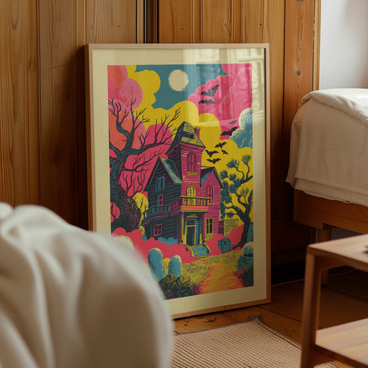 Bright retro Halloween graveyard poster with a pink haunted house, zombie heads, gravestones, flying bats and a full moon in yellow, teal and green.
