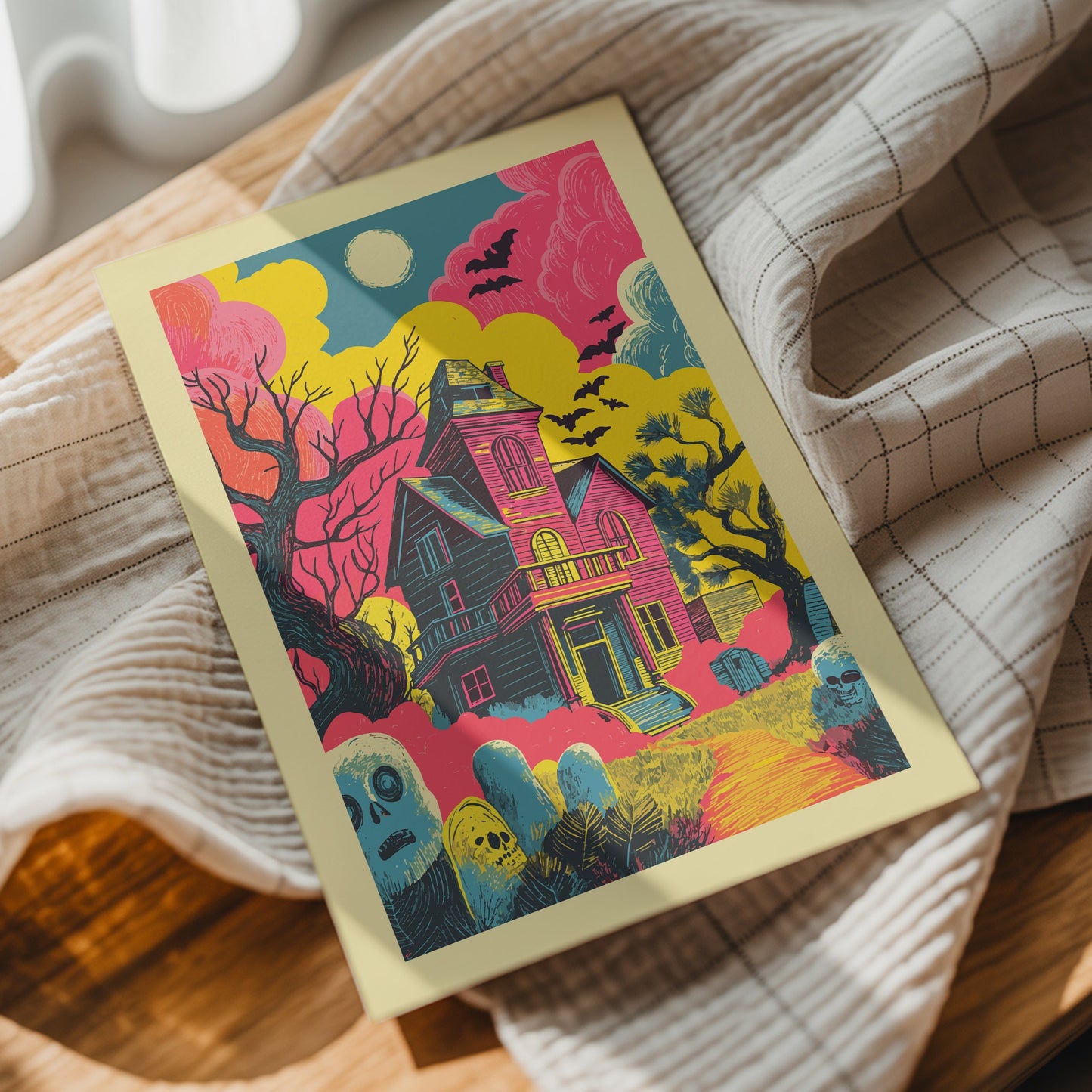 A colorful art print featuring a spooky haunted house scene with ghosts, trees, bats, and a full moon, styled on a wooden surface with a beige plaid cloth.