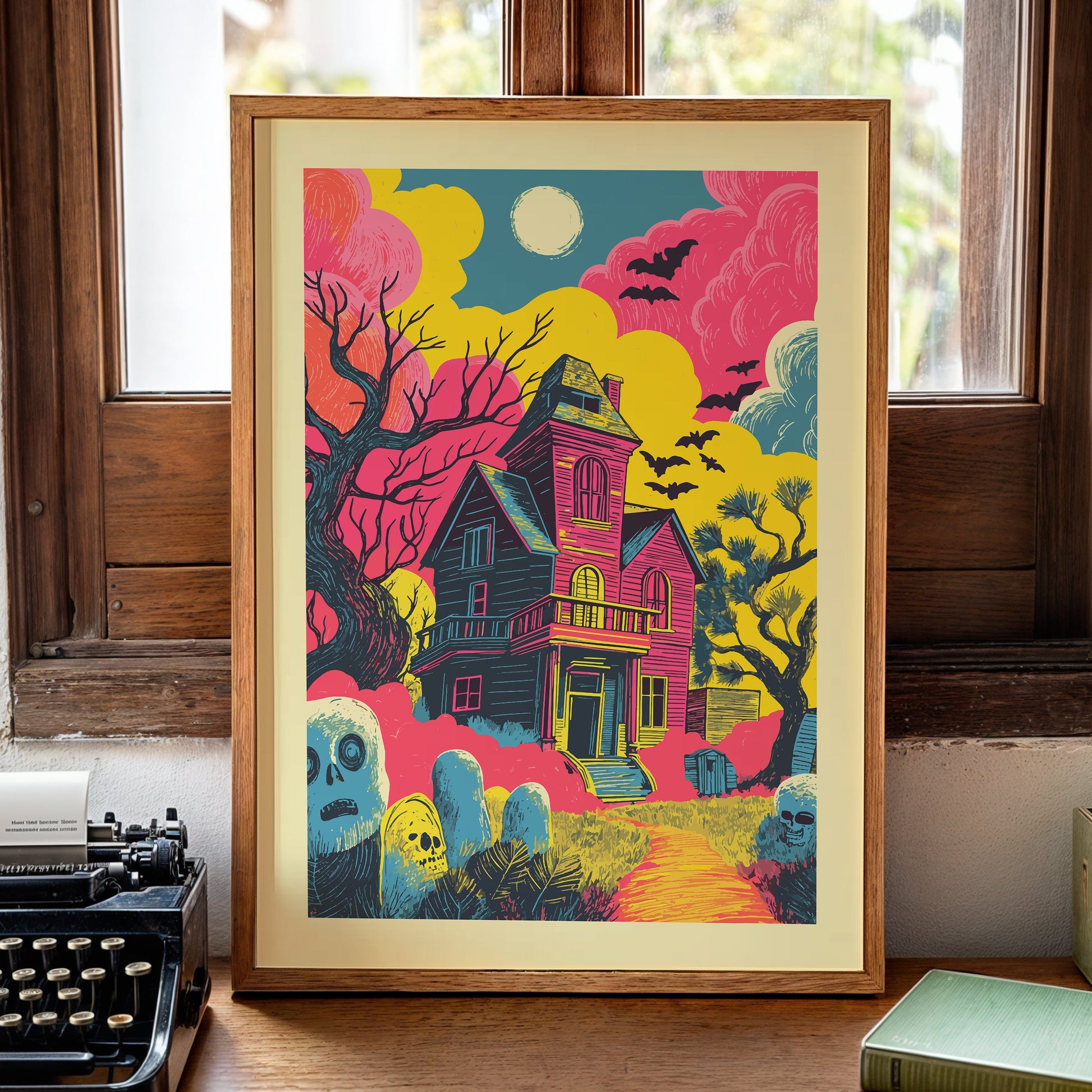 A framed art print featuring a colorful, retro-style illustration of a haunted house surrounded by bats, trees, and tombstones, displayed on a wooden desk in a cozy room setting next to a vintage typewriter and a candle.
