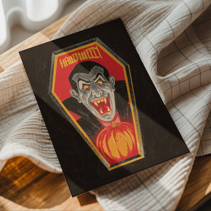 Retro vampire Halloween poster with a red-eyed Dracula-style monster, sharp fangs, orange pumpkin and coffin-shaped frame on a black background.