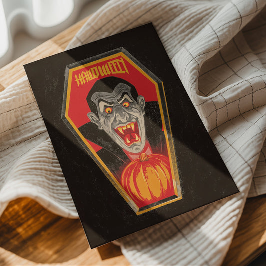 Retro vampire Halloween poster with a red-eyed Dracula-style monster, sharp fangs, orange pumpkin and coffin-shaped frame on a black background.