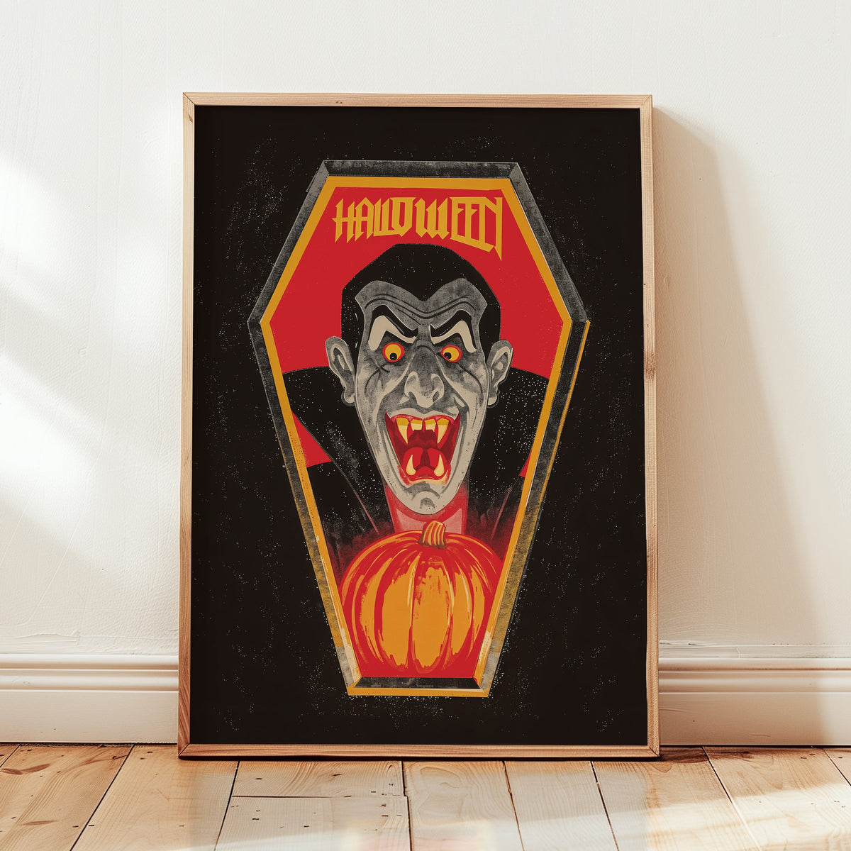 Vampire Halloween Poster – Retro Coffin and Pumpkin Wall Art