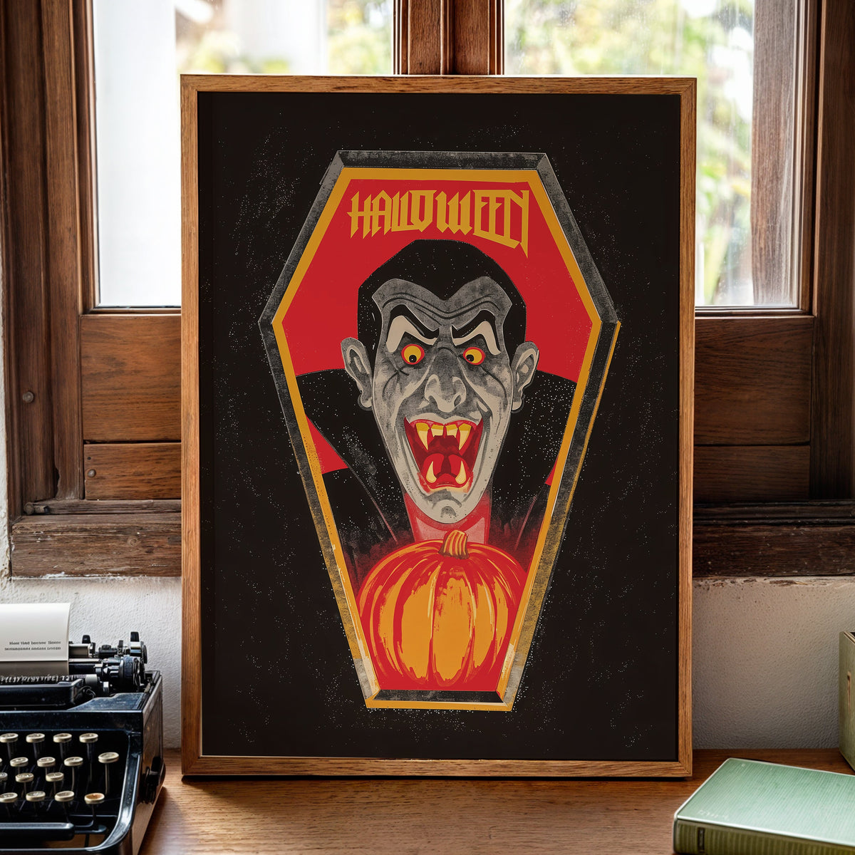 A framed gothic art print featuring a vampire in a coffin-shaped frame with the word 'HALLOWED' at the top, displayed on a wooden desk next to a vintage typewriter, books, and a candle.