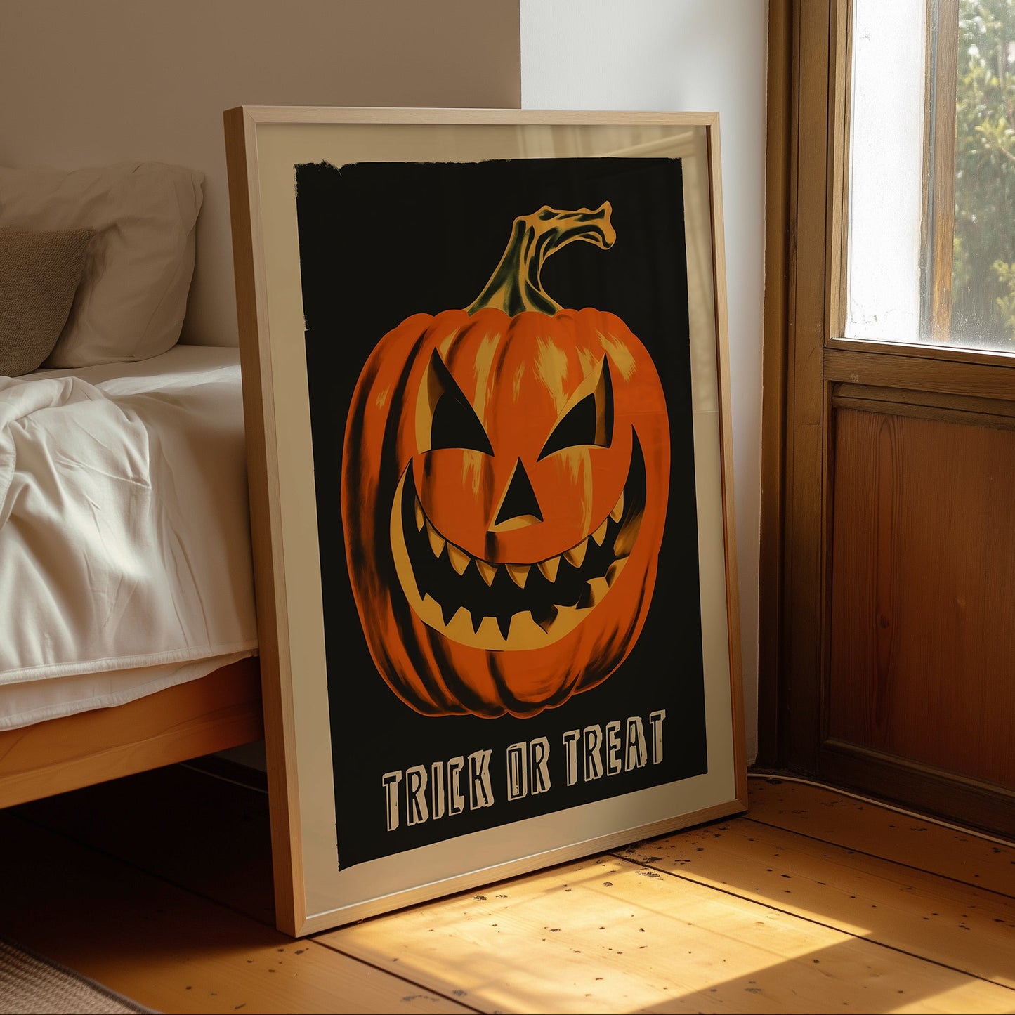 Retro scary pumpkin Halloween poster with a grinning orange jack-o’-lantern, sharp teeth, Trick or Treat text and a warm cream border on black.