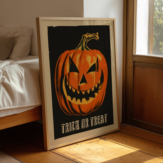 Retro scary pumpkin Halloween poster with a grinning orange jack-o’-lantern, sharp teeth, Trick or Treat text and a warm cream border on black.