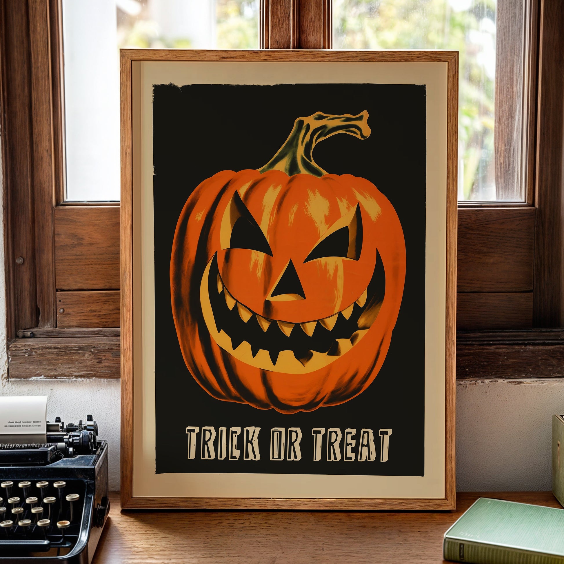 A framed Halloween art print featuring a carved orange pumpkin on a black background with the words 'TRICK OR TREAT' in cream, leaning on a wooden table near a typewriter and books.